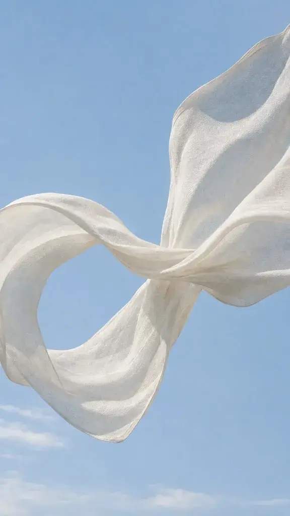 White silk fabric drifting in the breeze against a blue sky